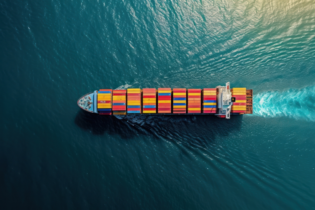 Navio porta-contentores atracado no porto, com pilhas de contentores